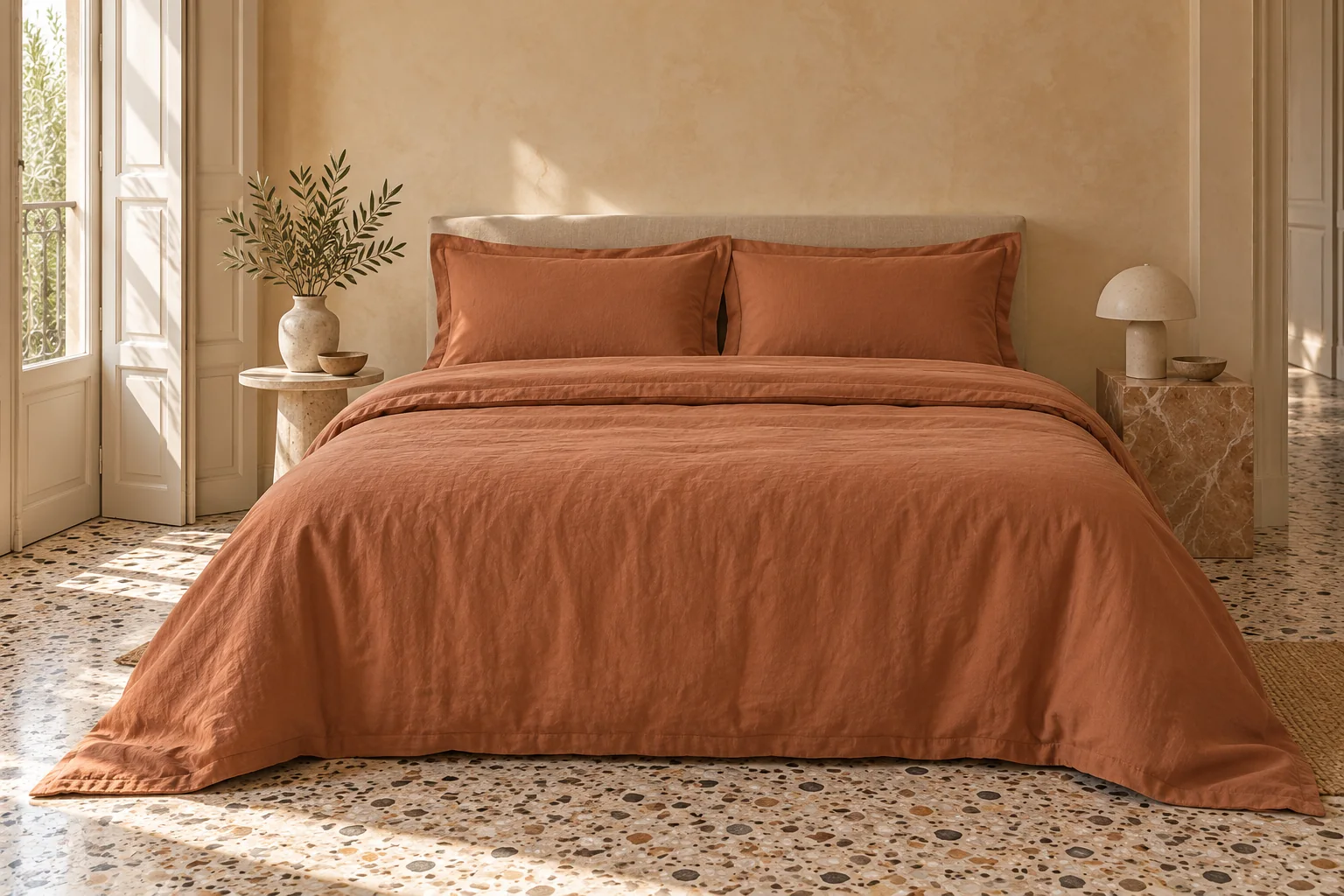Bed made up in terracotta bedding the way it is sold in Italy