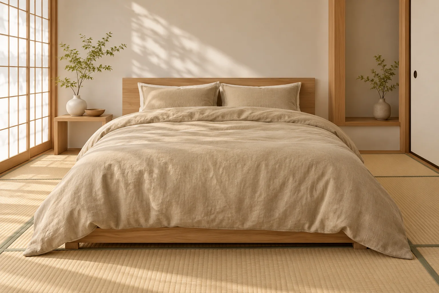 Bed made up in flax bedding the way it is sold in Japan