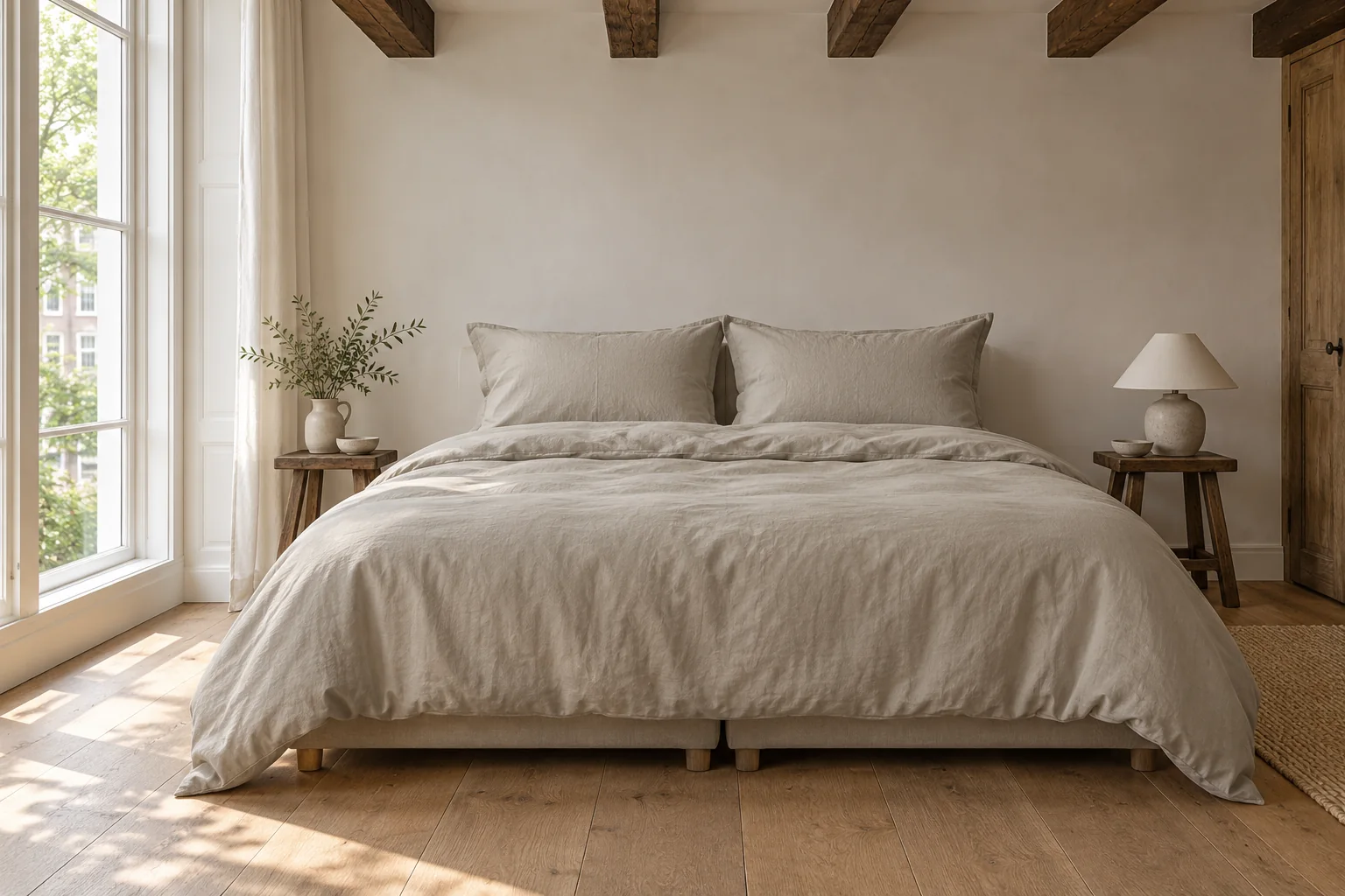 Bed made up in stone bedding the way it is sold in the Netherlands