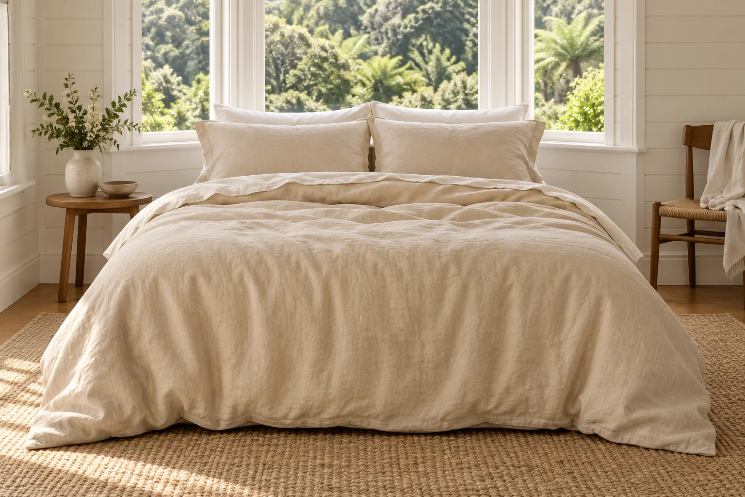 Bed made up in natural linen bedding the way it is sold in New Zealand