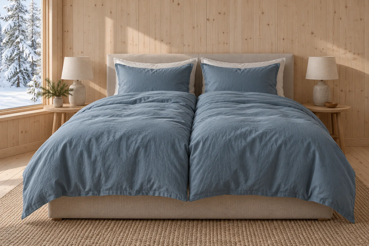 Bed made up in slate blue bedding the way it is sold in Norway