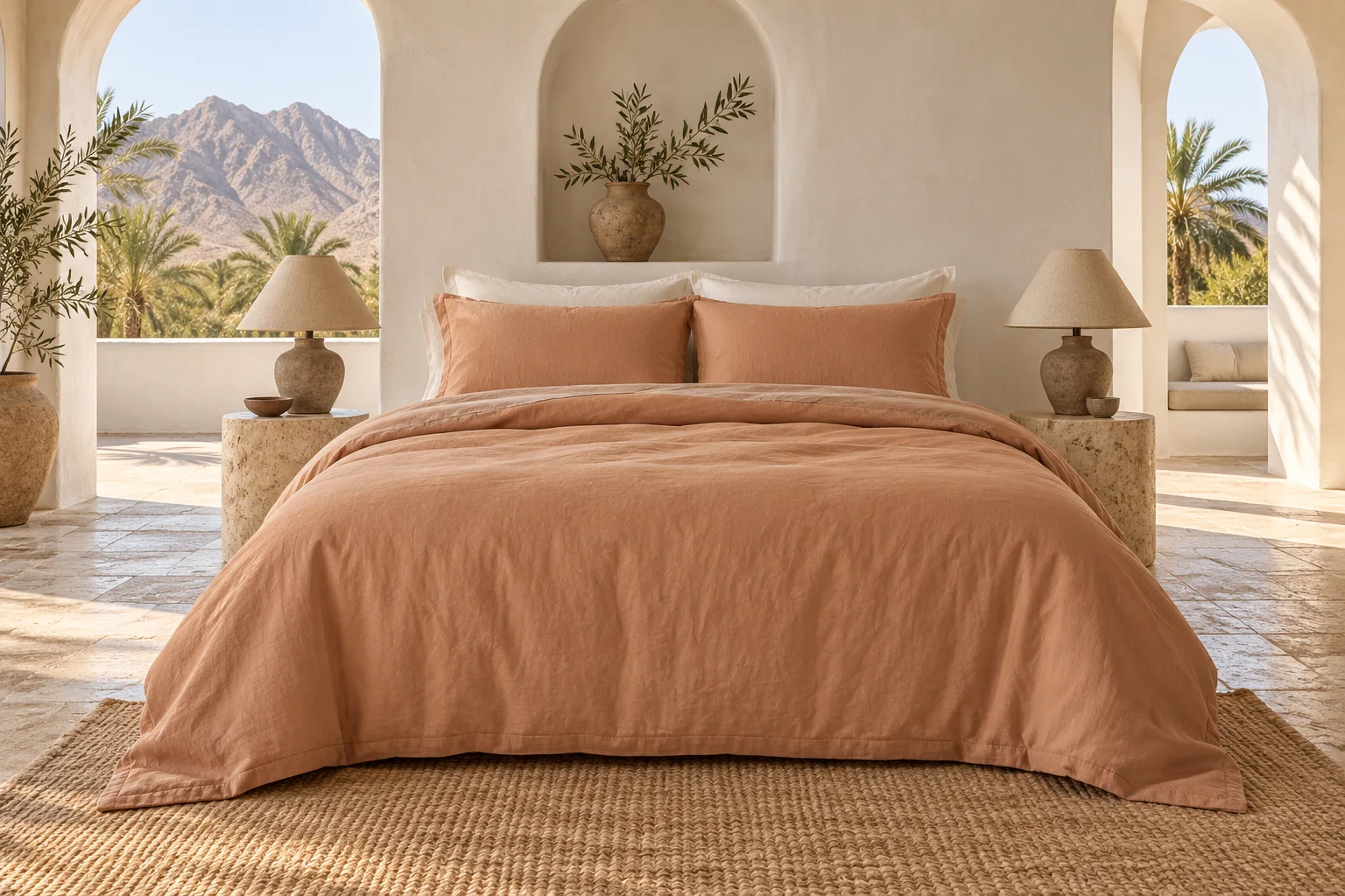 Bed made up in clay bedding the way it is sold in Oman
