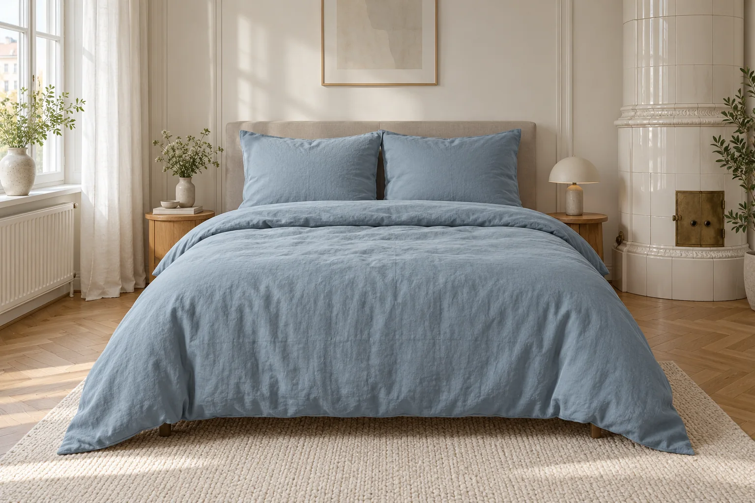 Bed made up in muted blue bedding the way it is sold in Poland
