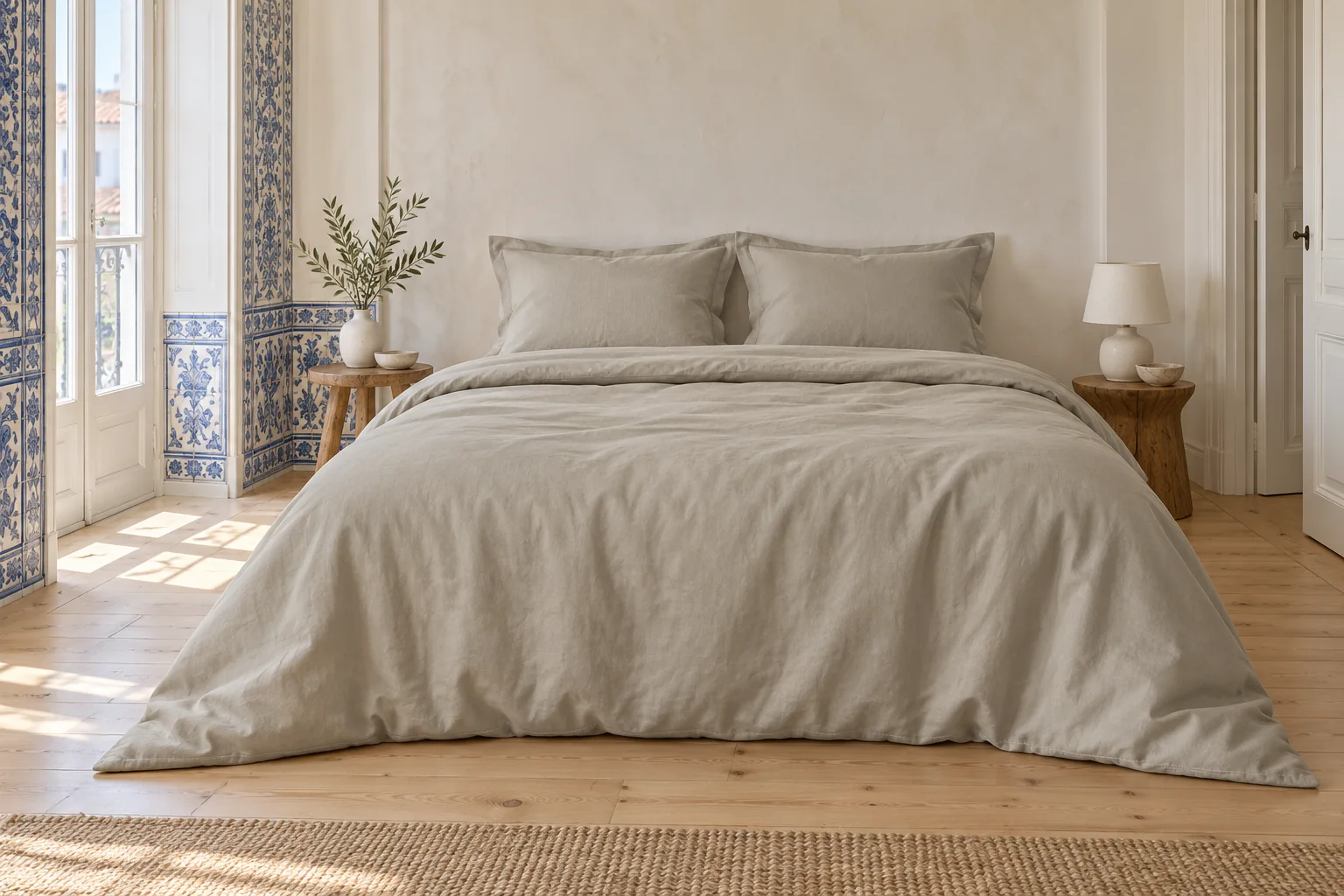 Bed made up in stone bedding the way it is sold in Portugal