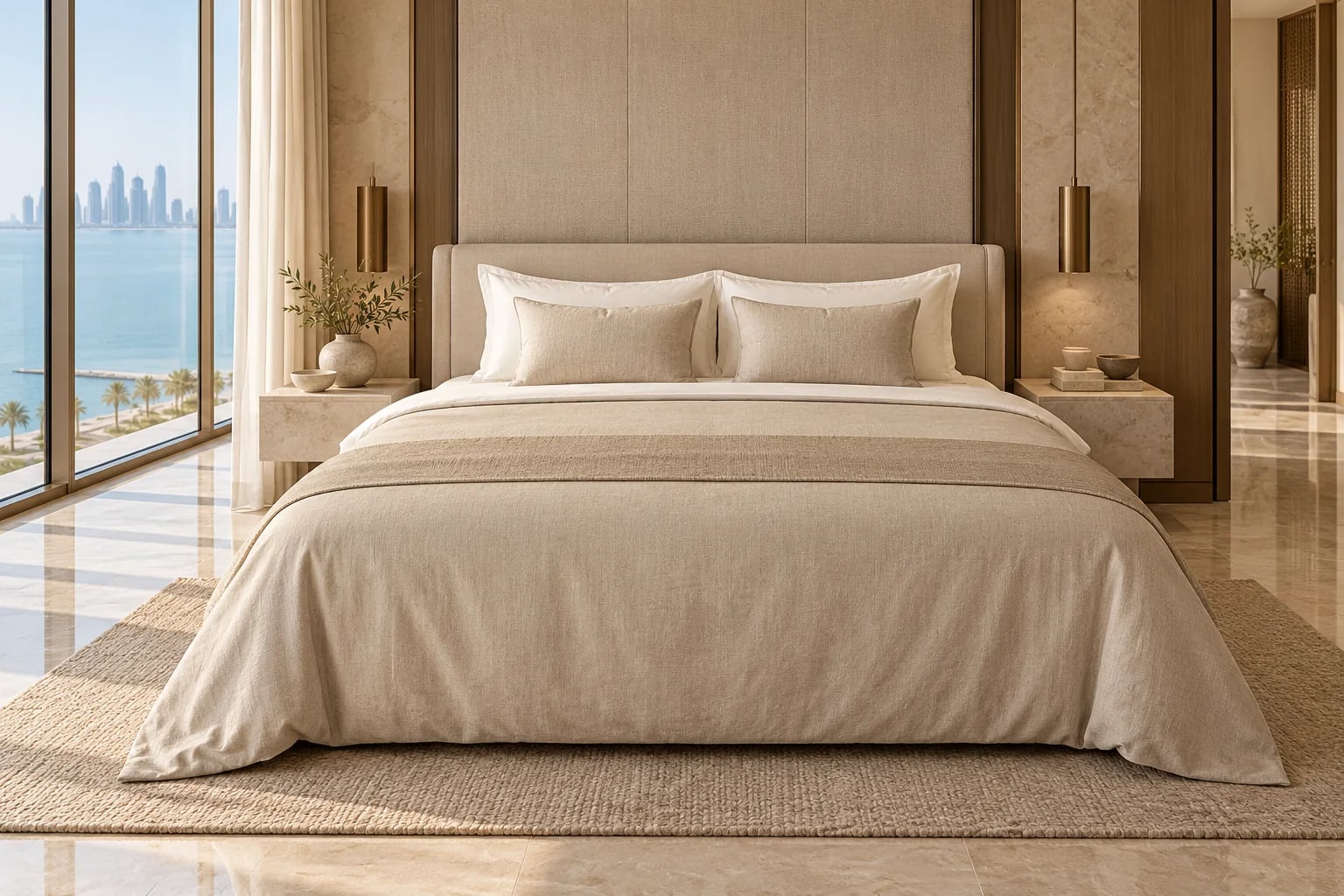 Bed made up in oatmeal bedding the way it is sold in Qatar