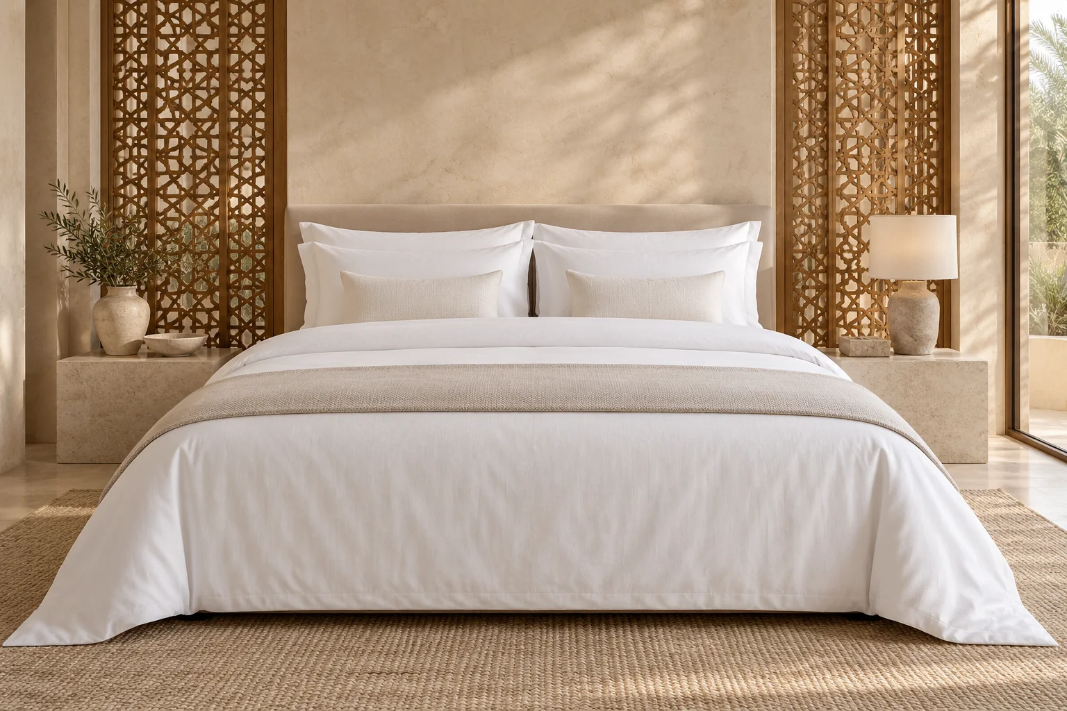 Bed made up in white bedding the way it is sold in Saudi Arabia