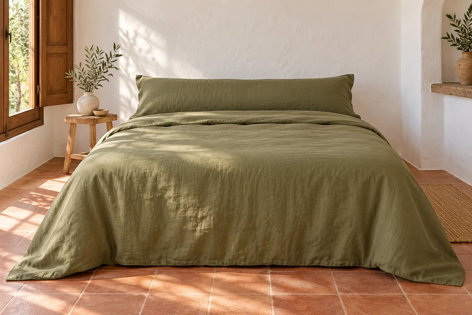 Bed made up in olive bedding the way it is sold in Spain