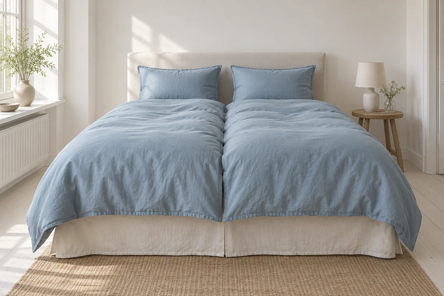 Bed made up in muted blue bedding the way it is sold in Sweden
