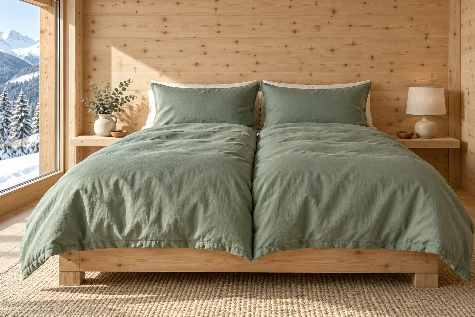 Bed made up in eucalyptus bedding the way it is sold in Switzerland