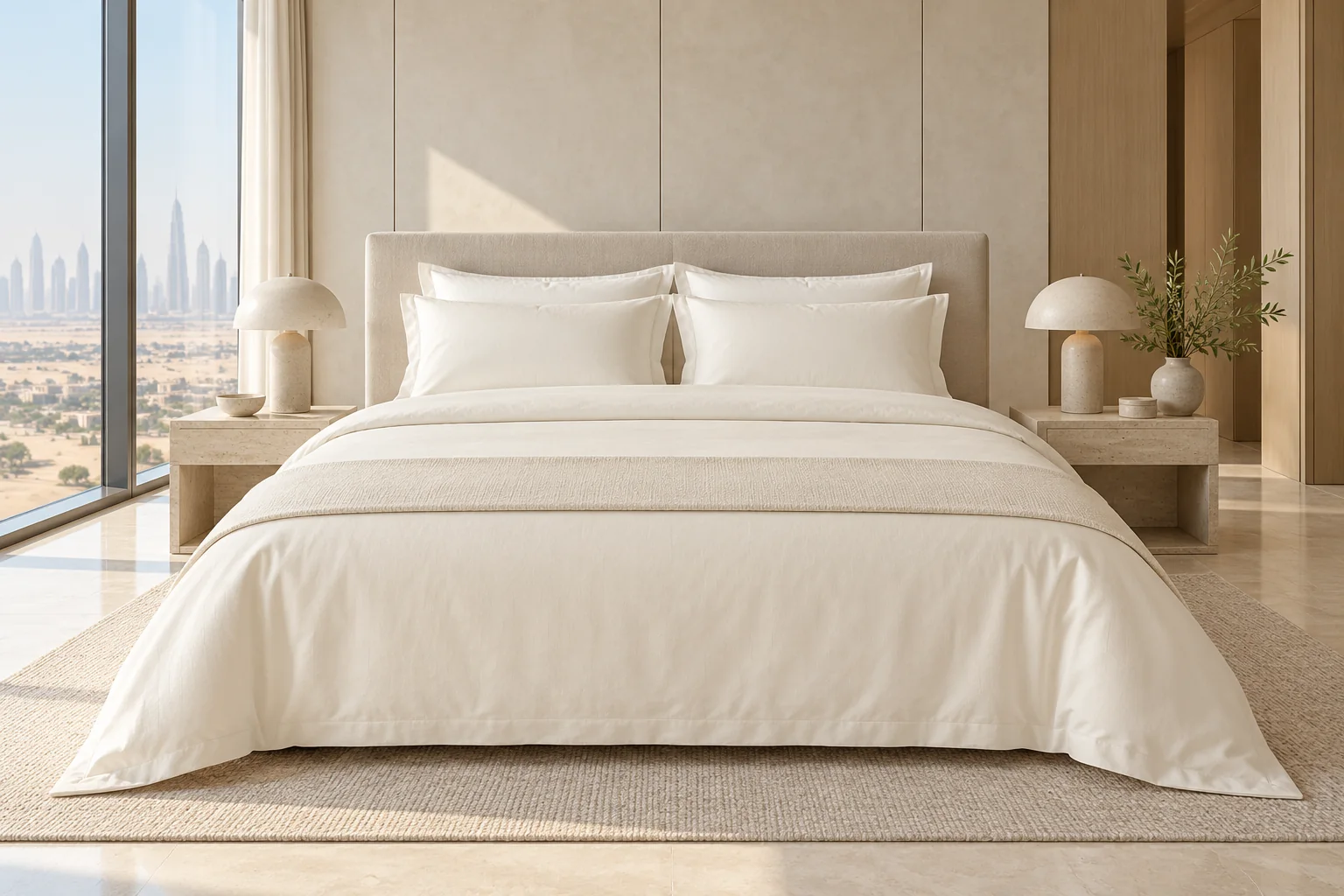 Bed made up in ivory bedding the way it is sold in the UAE