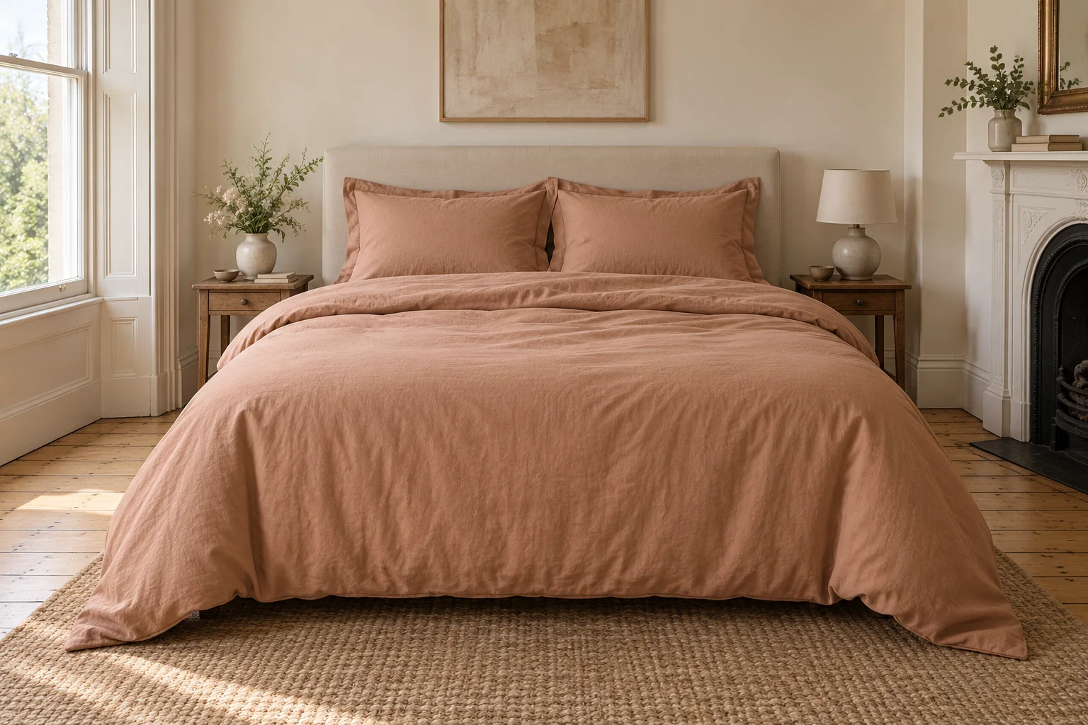 Bed made up in clay bedding the way it is sold in the United Kingdom