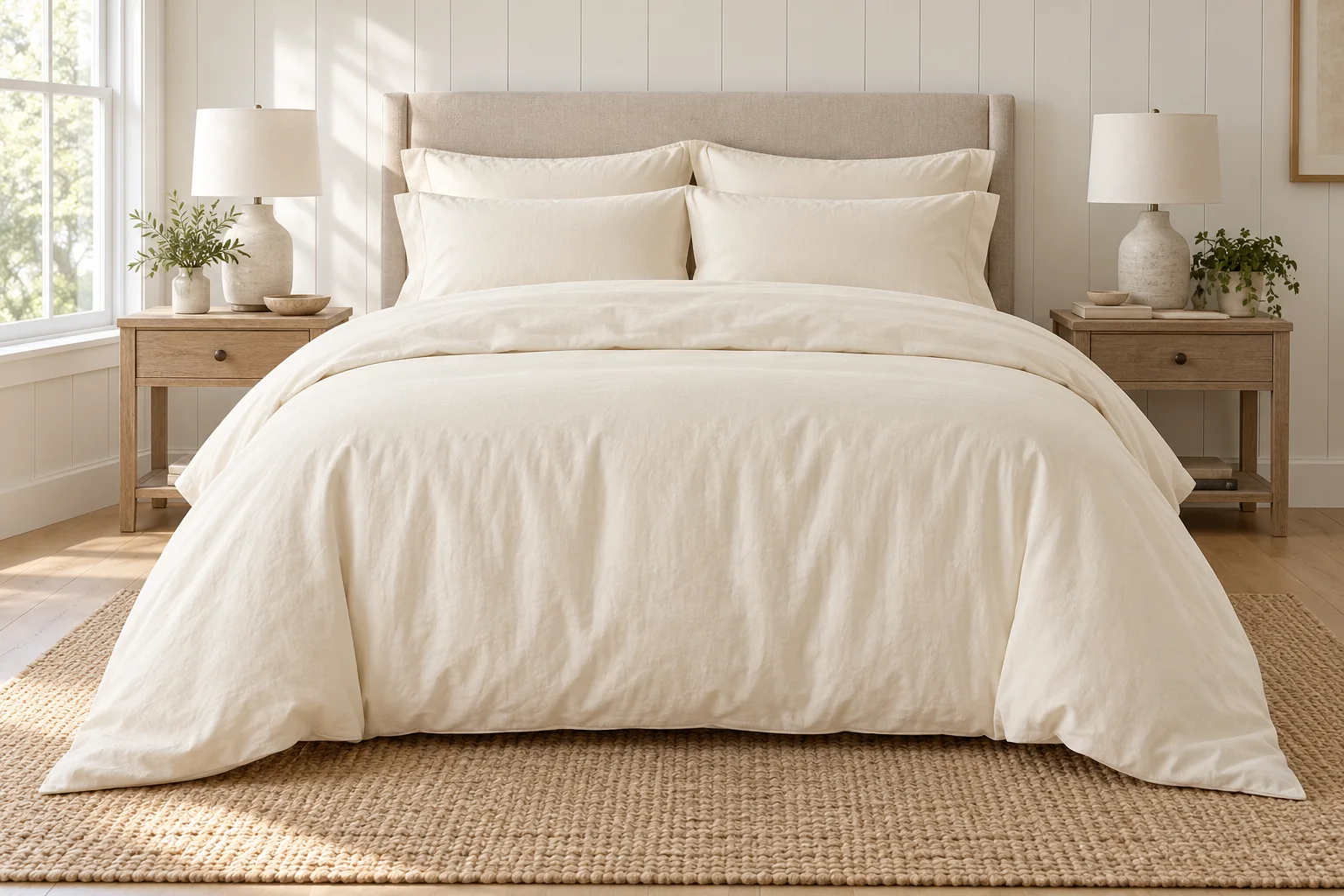 Bed made up in ivory bedding the way it is sold in the United States