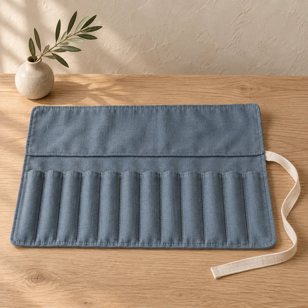 Makeup brush roll in slate blue