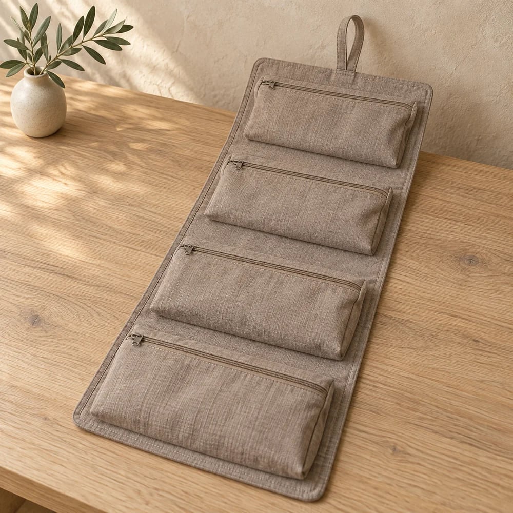 Hanging toiletry roll in taupe