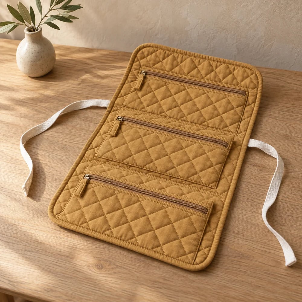 Quilted jewellery roll in ochre