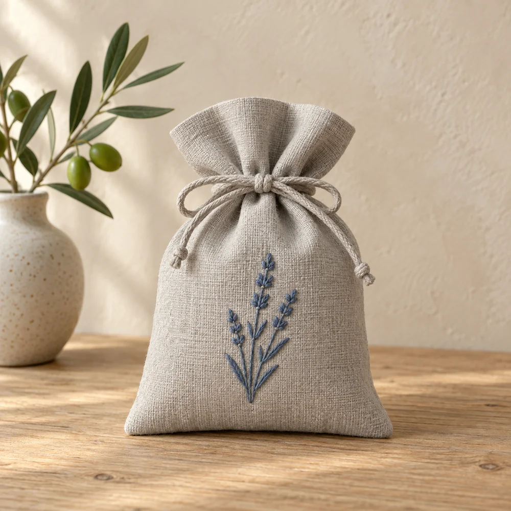 Embroidered sachet in stone