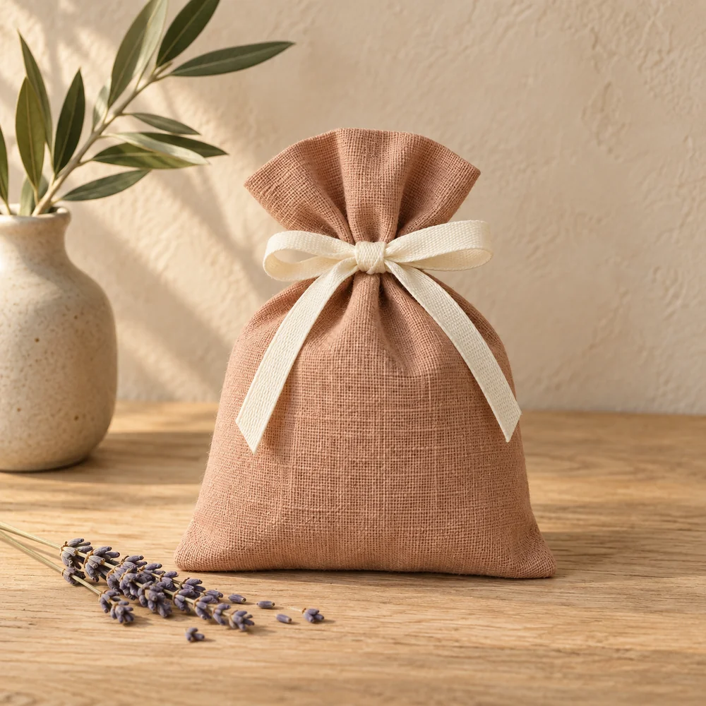 Ribbon tied sachet in clay