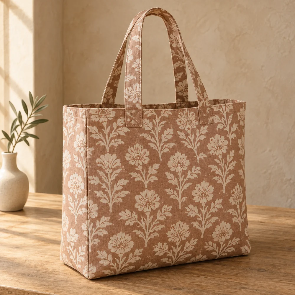Block printed tote in clay