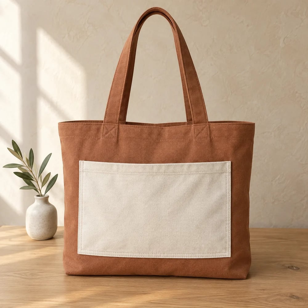 Tote with outer pocket in terracotta