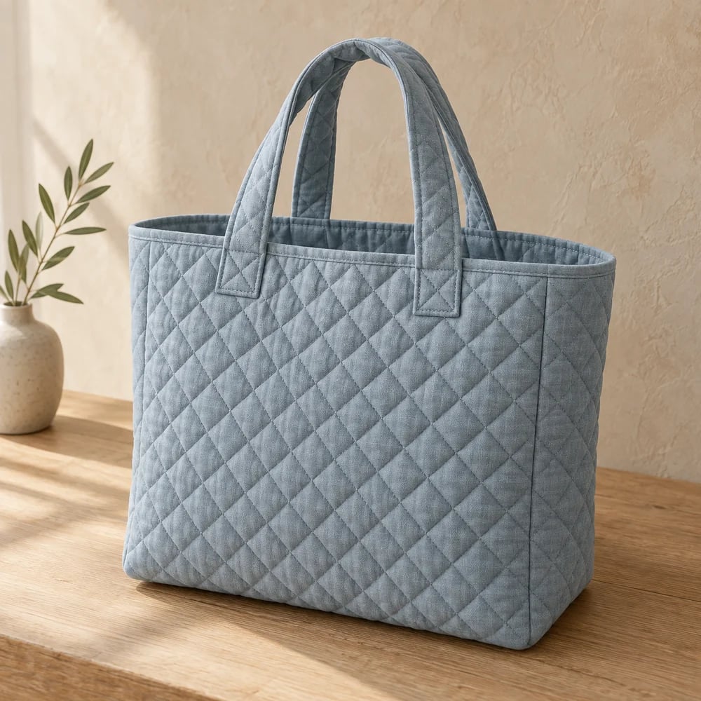 Quilted tote in muted blue