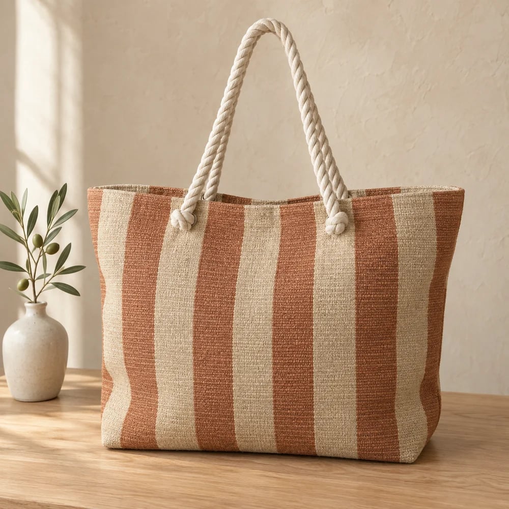Striped beach tote in natural linen