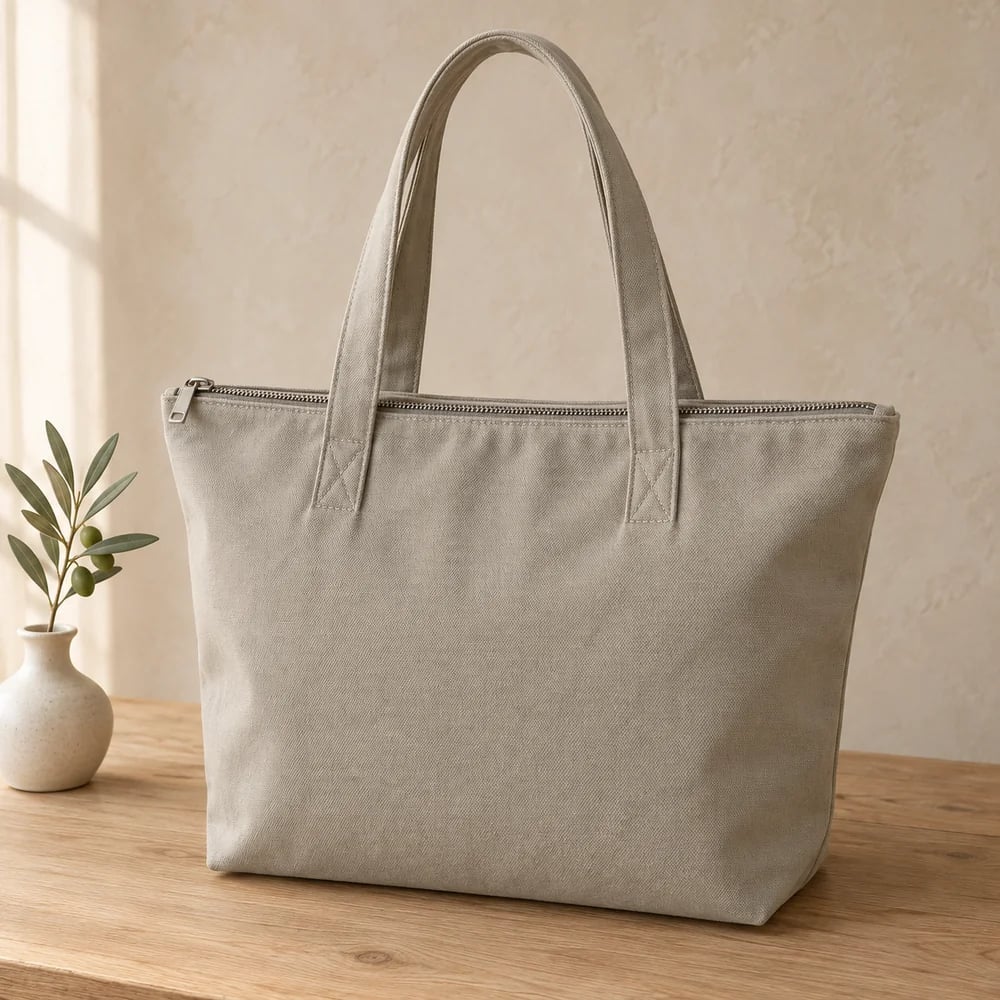 Zip top tote in stone