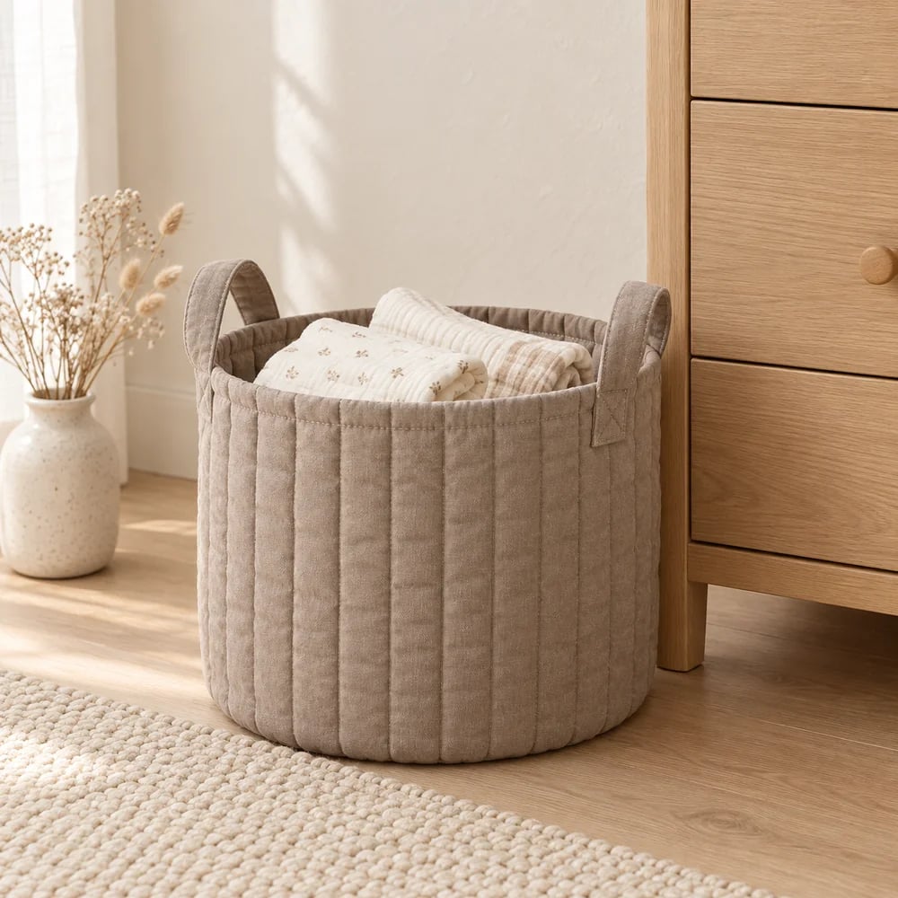 Quilted fabric basket in taupe
