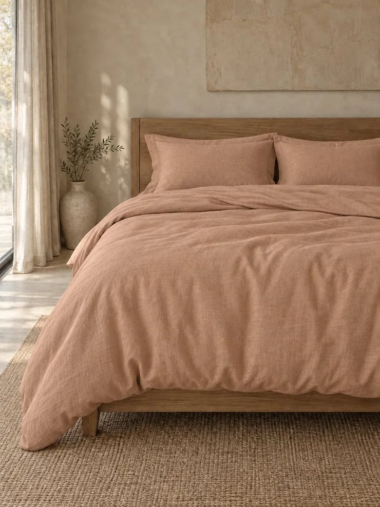 Linen-cotton duvet cover set in Clay on a wooden bed