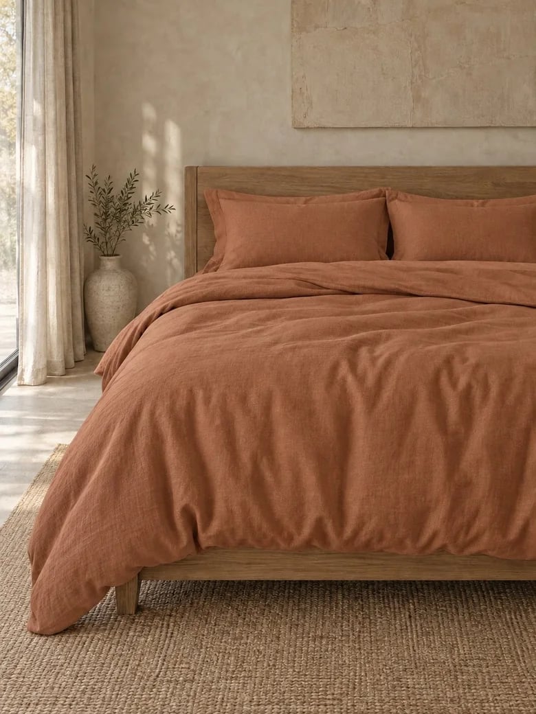 Linen-cotton duvet cover set in Terracotta on a wooden bed