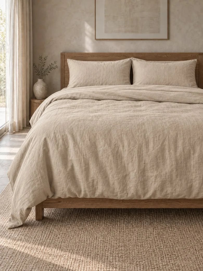 Linen duvet cover set in Oatmeal on a wooden bed