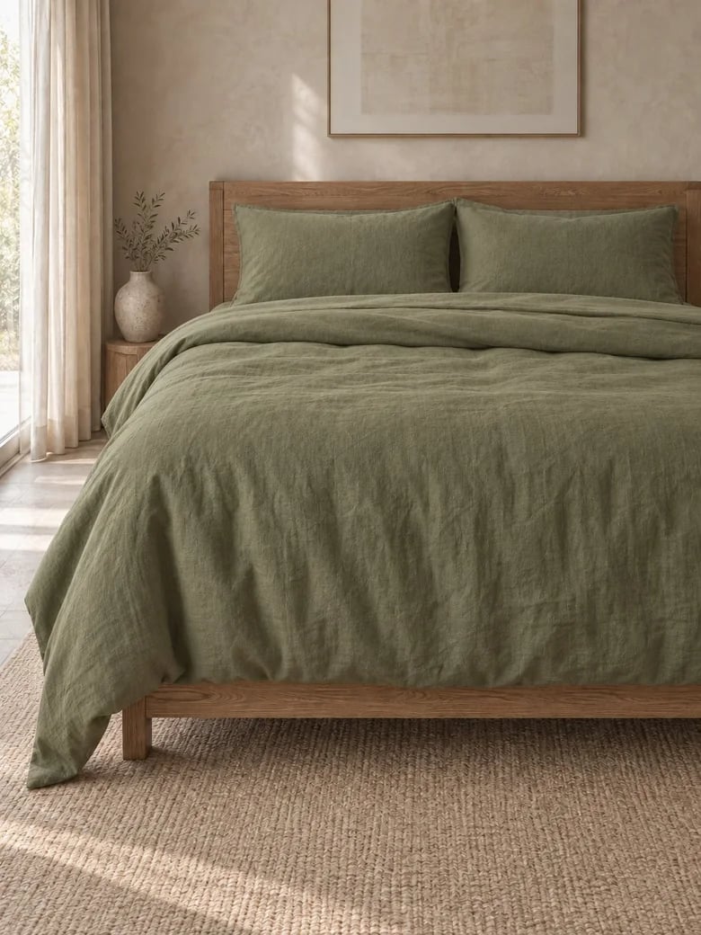 Linen duvet cover set in Olive on a wooden bed