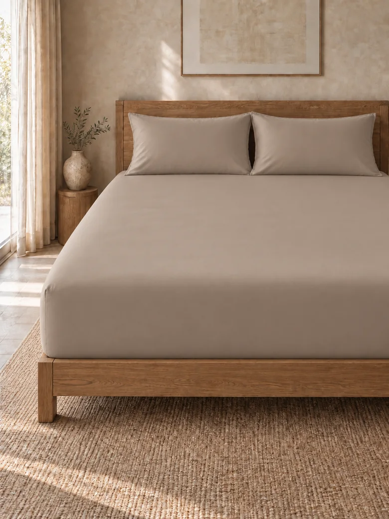 Egyptian cotton fitted sheet set in Taupe on a wooden bed