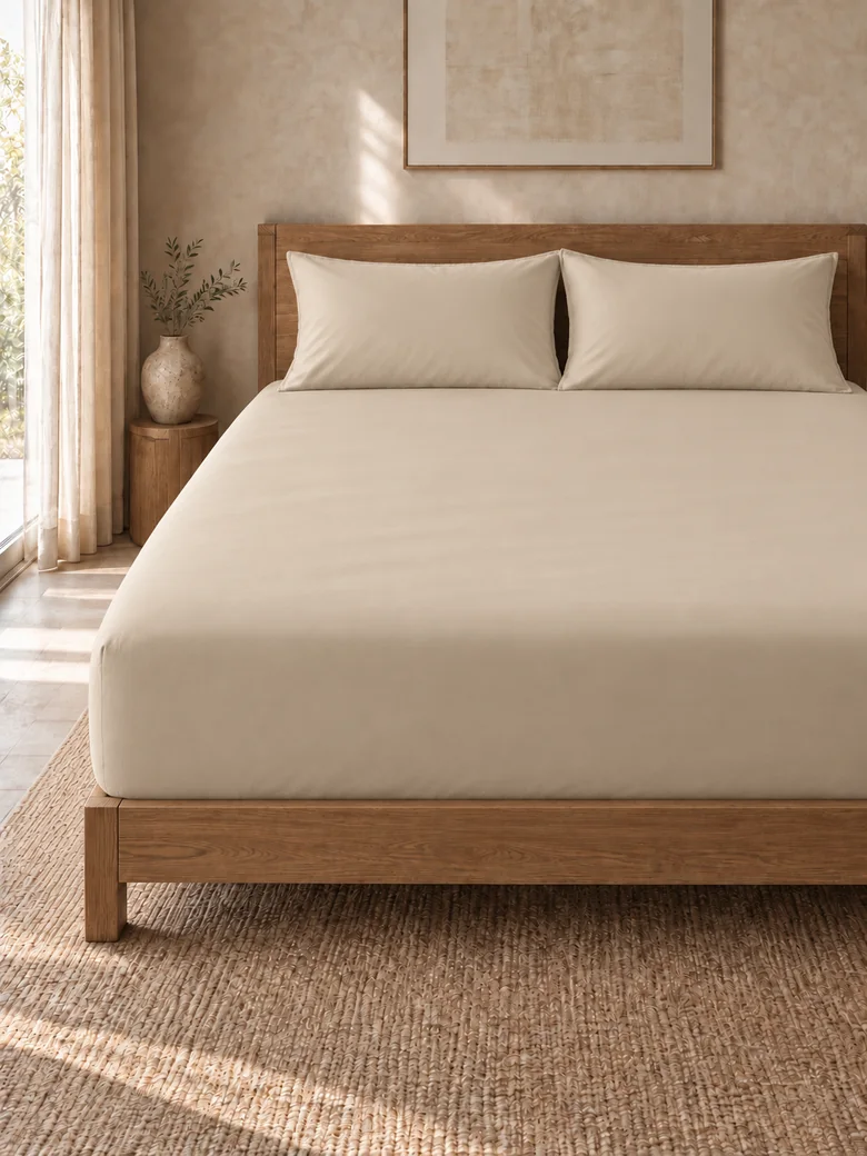 Egyptian cotton fitted sheet set in Oatmeal on a wooden bed