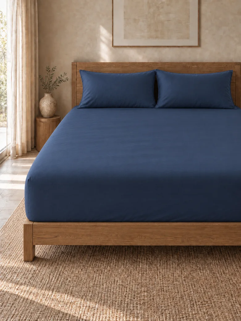 Indian cotton fitted sheet set in Navy on a wooden bed