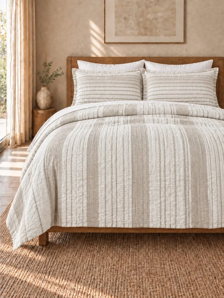 Natural and ecru linen-cotton jacquard coverlet with matching shams on a wooden bed