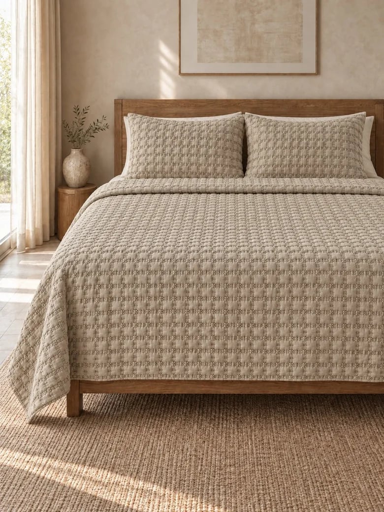 Brown cotton jacquard coverlet with matching shams on a wooden bed