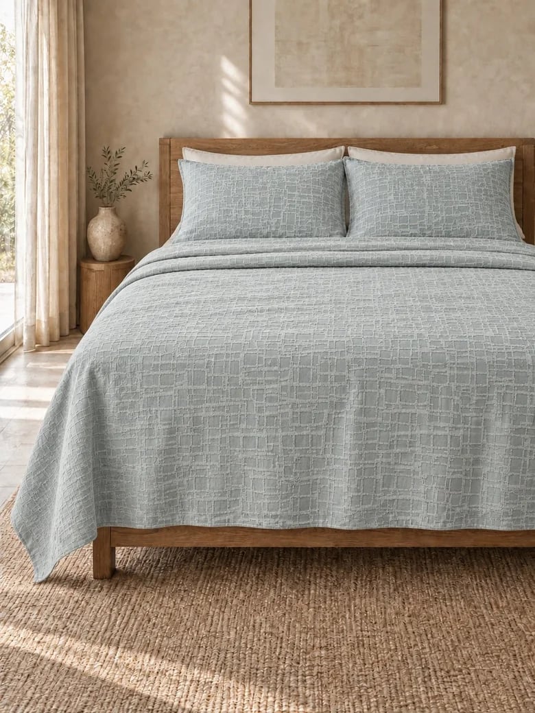 Grey cotton matelassé coverlet with matching shams on a wooden bed