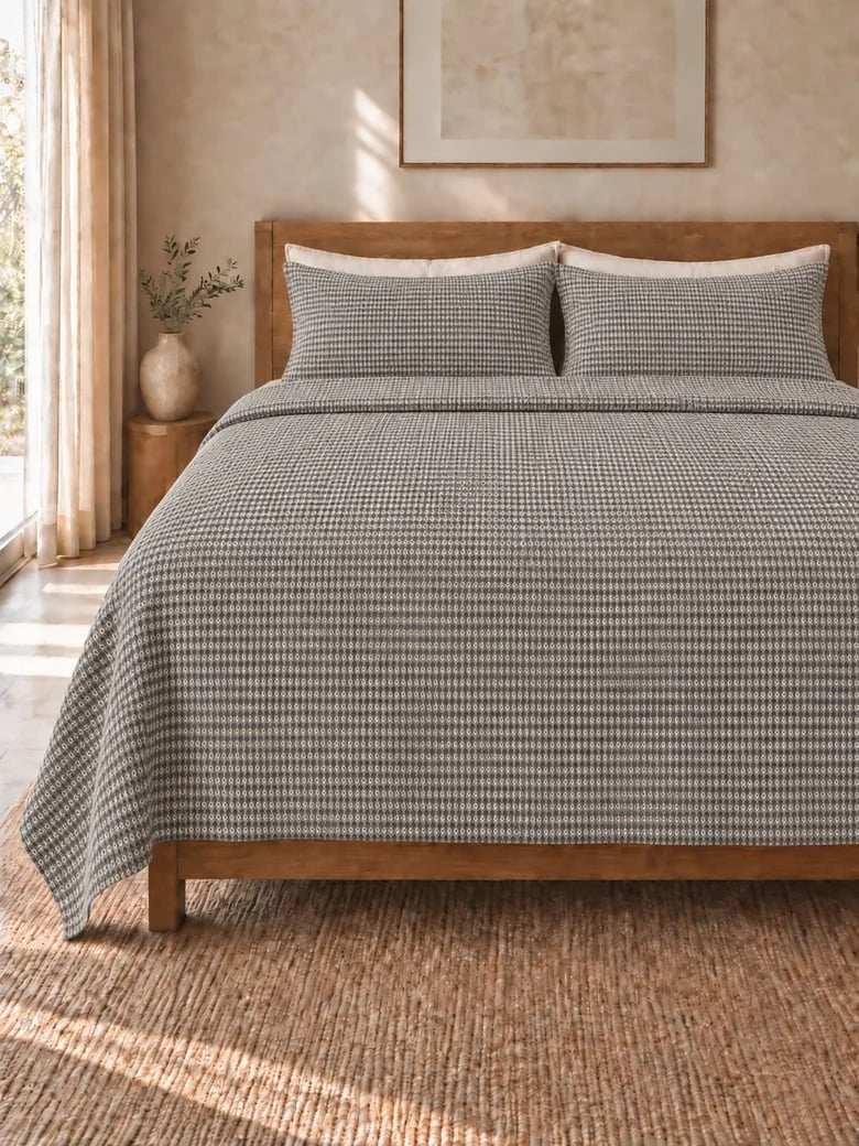 Grey and white cotton honeycomb coverlet with matching shams on a wooden bed