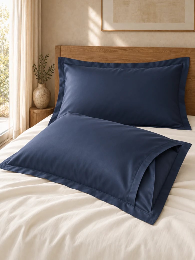 Egyptian cotton pillowcase pair in Navy, envelope closure visible