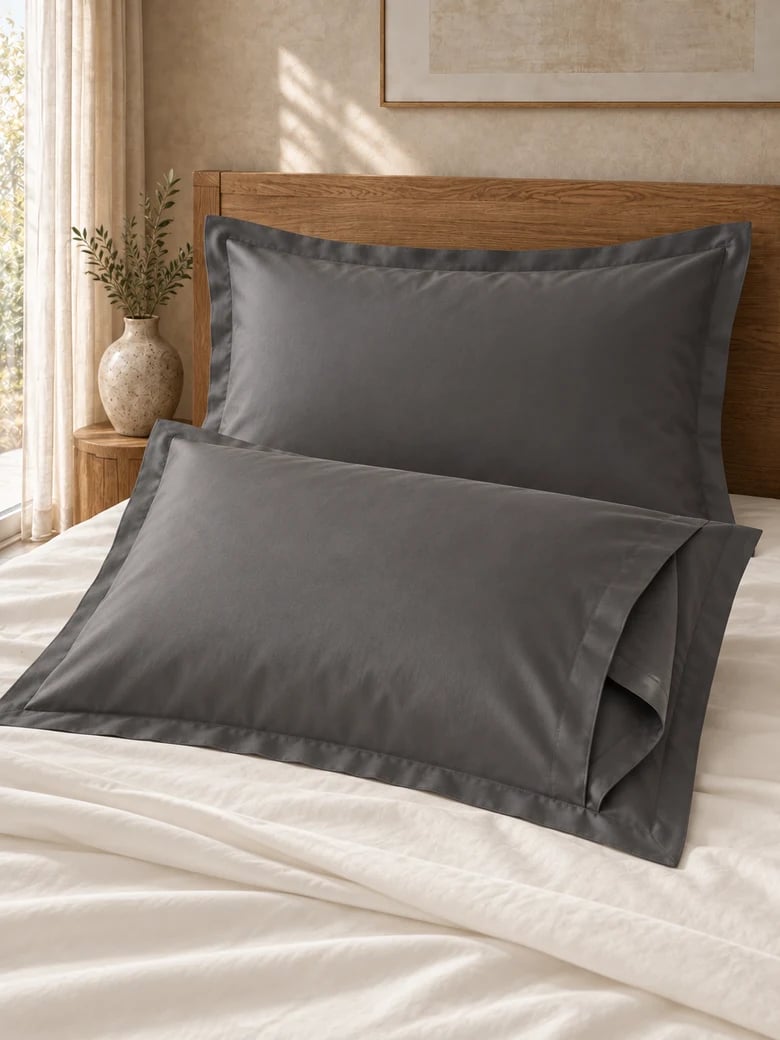 Egyptian cotton pillowcase pair in Charcoal, envelope closure visible