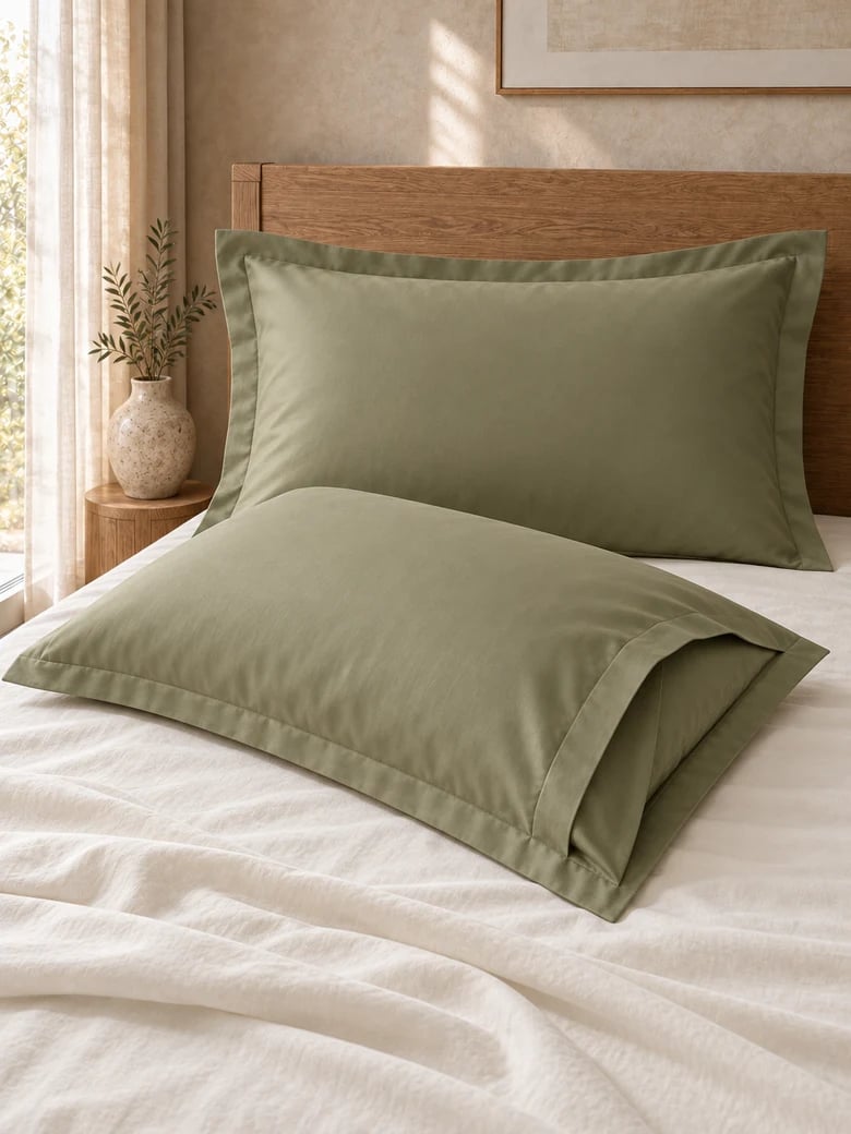 Indian cotton pillowcase pair in Olive, envelope closure visible