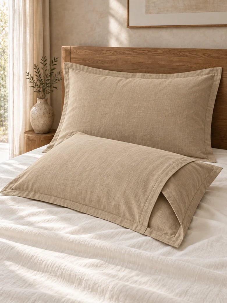 Linen-cotton pillowcase pair in Flax, envelope closure visible