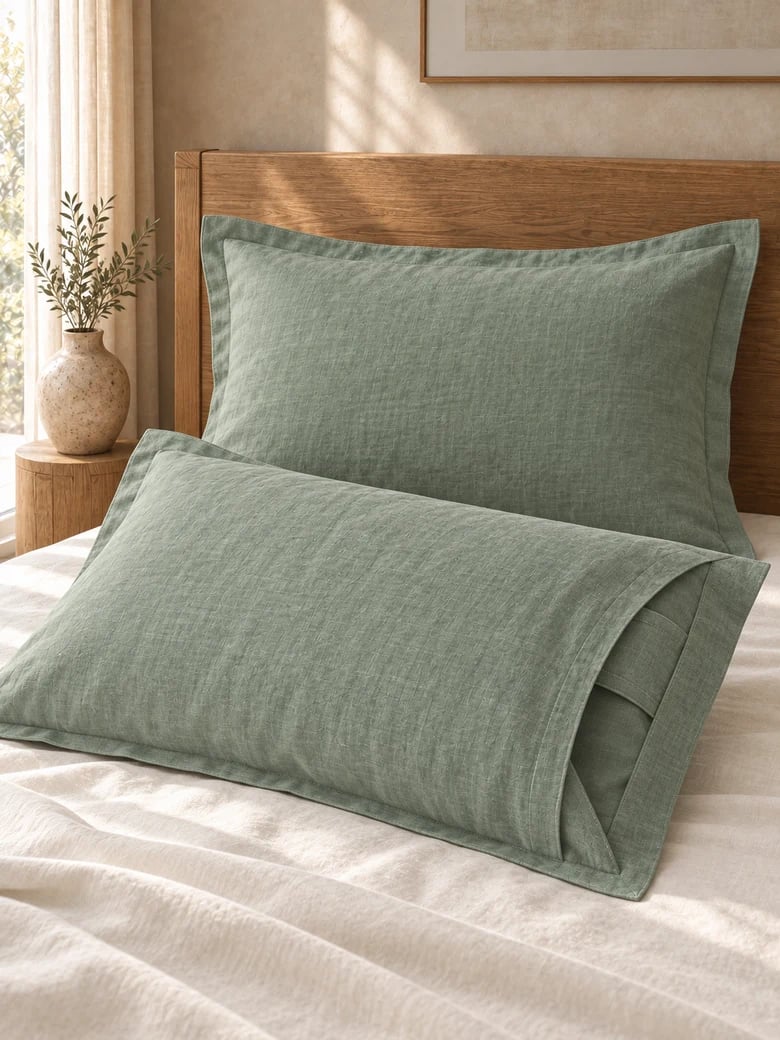 Linen-cotton pillowcase pair in Eucalyptus, envelope closure visible