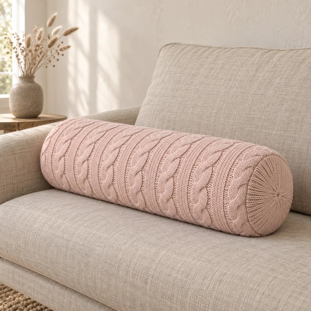 Cable knit bolster in blush pink