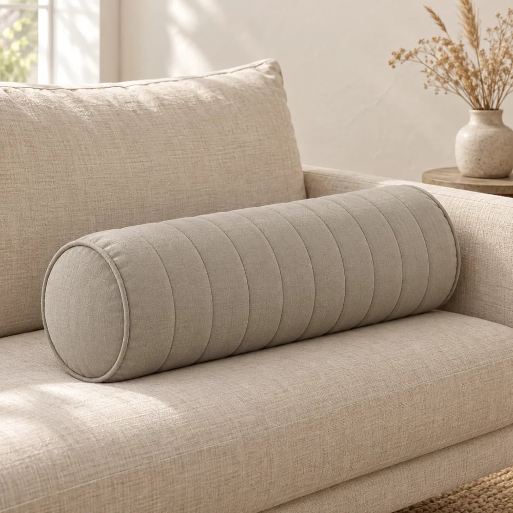 Cotton bolster, channel quilted in stone