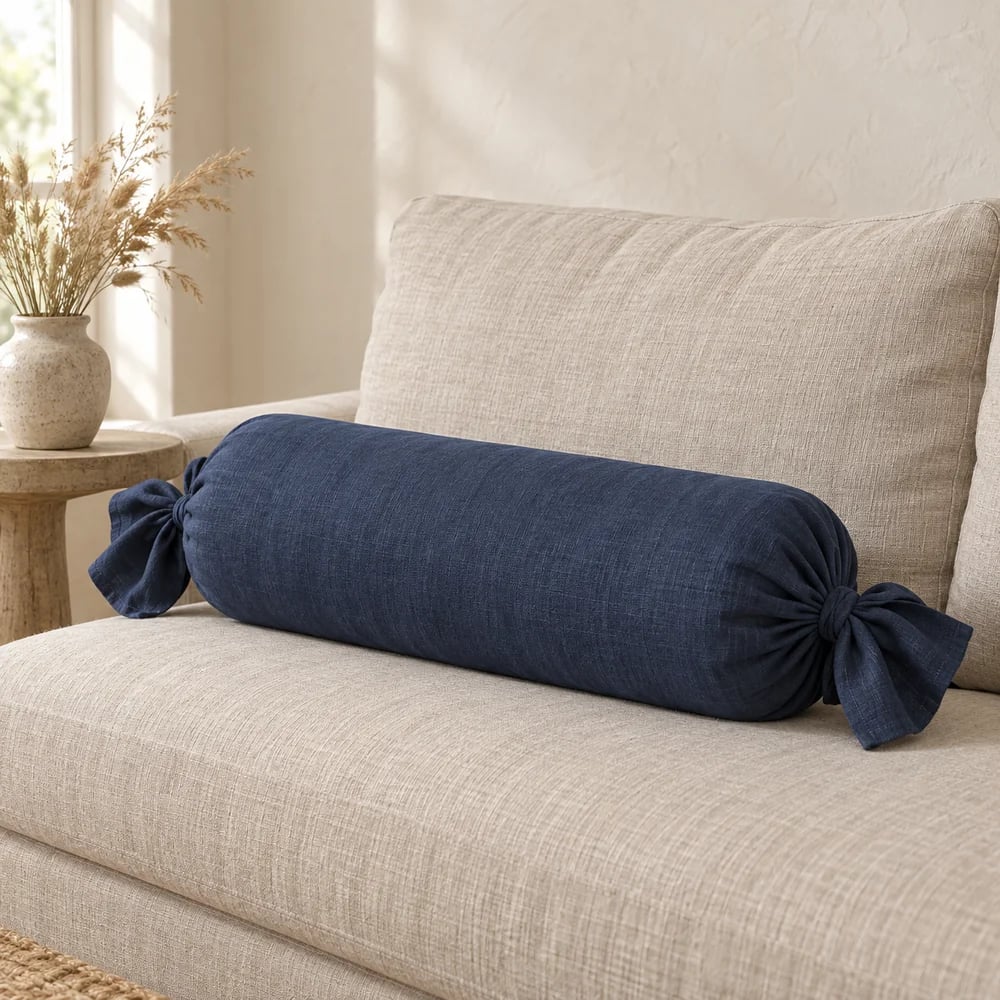 Linen bolster, tie ends in navy