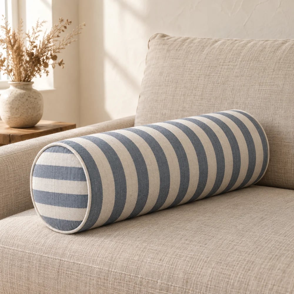 Cotton bolster, woven stripe, piped ends in slate blue