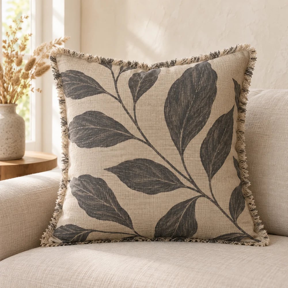 Linen cushion cover, botanical print in flax