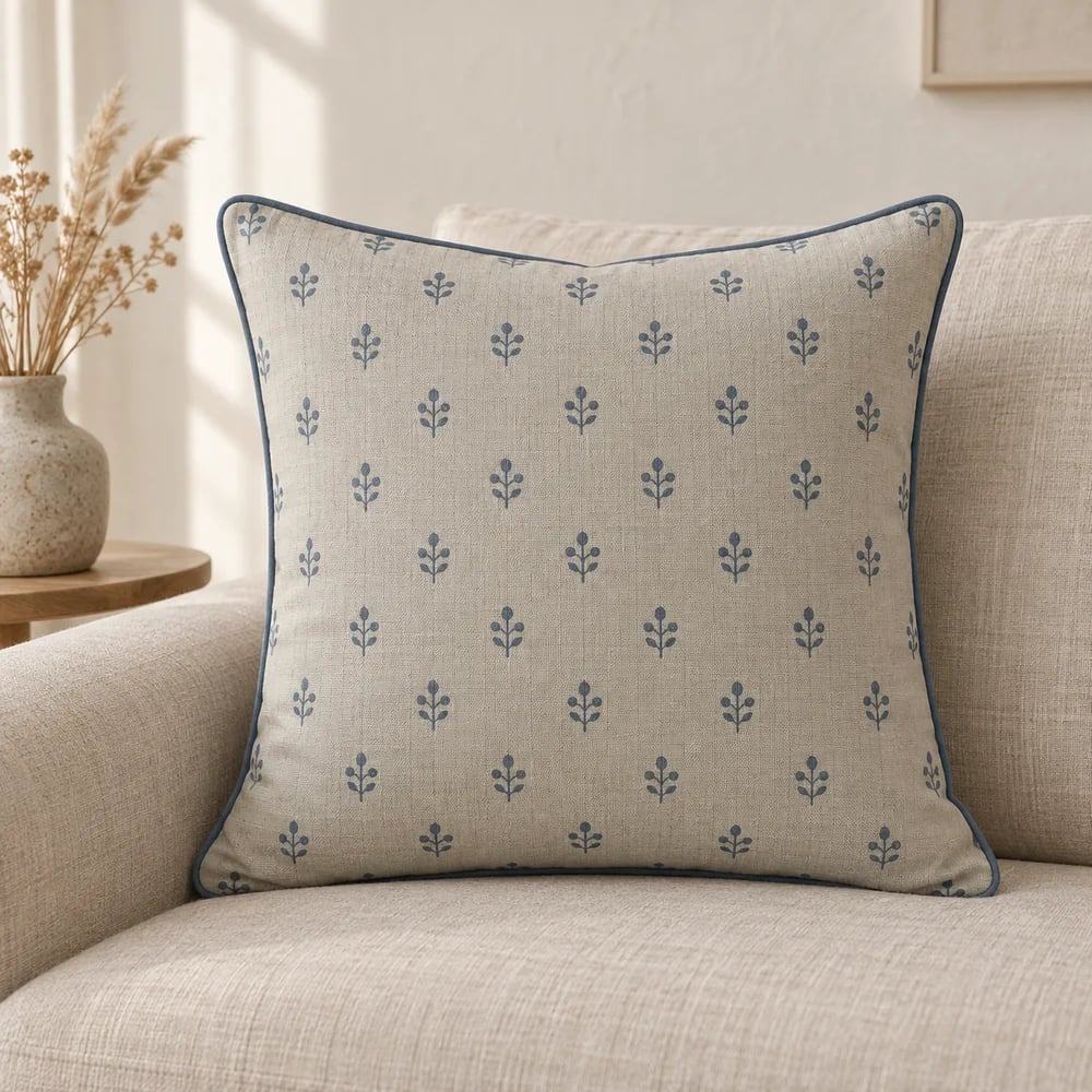 Cotton chambray cushion cover, printed and piped in stone
