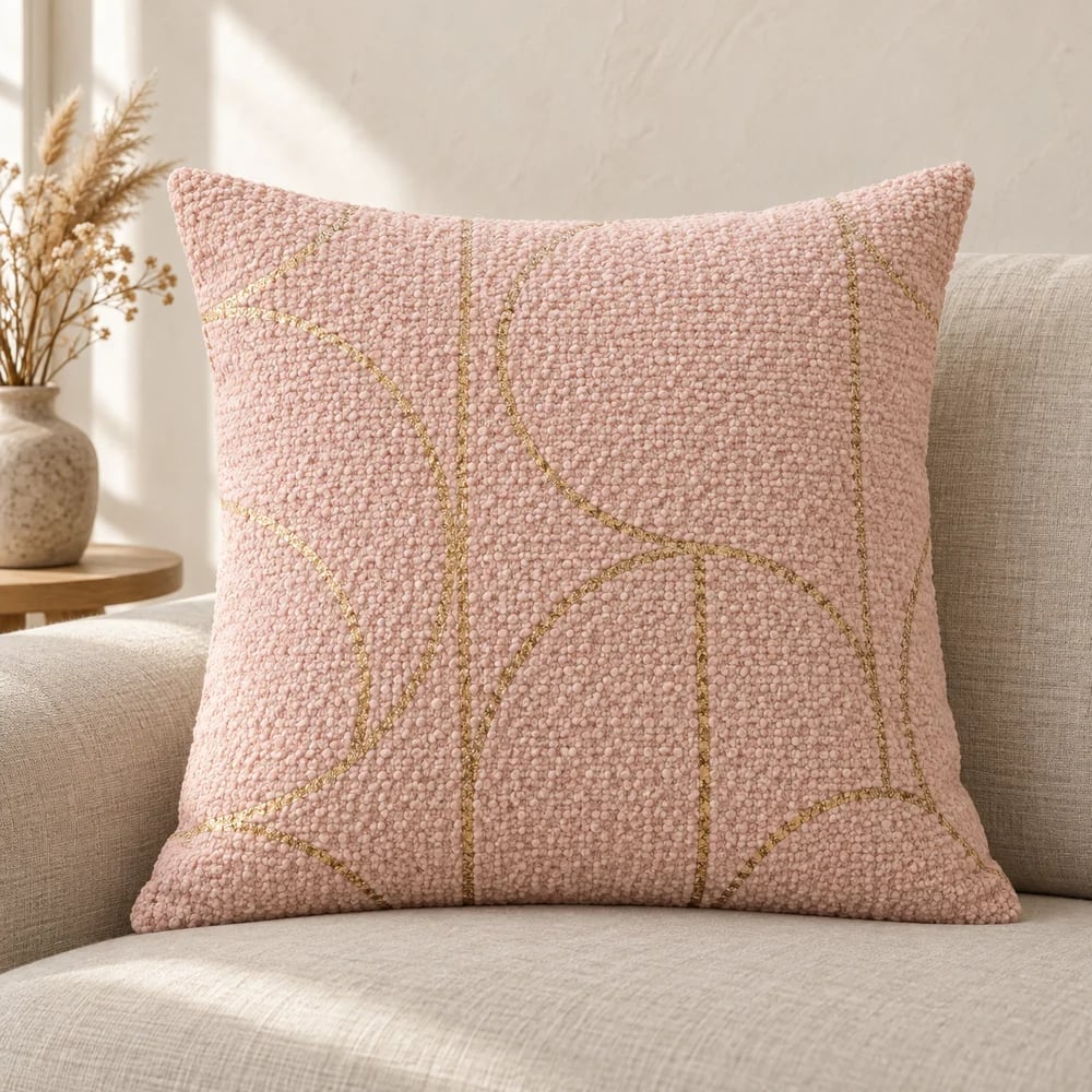 Cotton bouclé cushion cover, foil print in blush pink